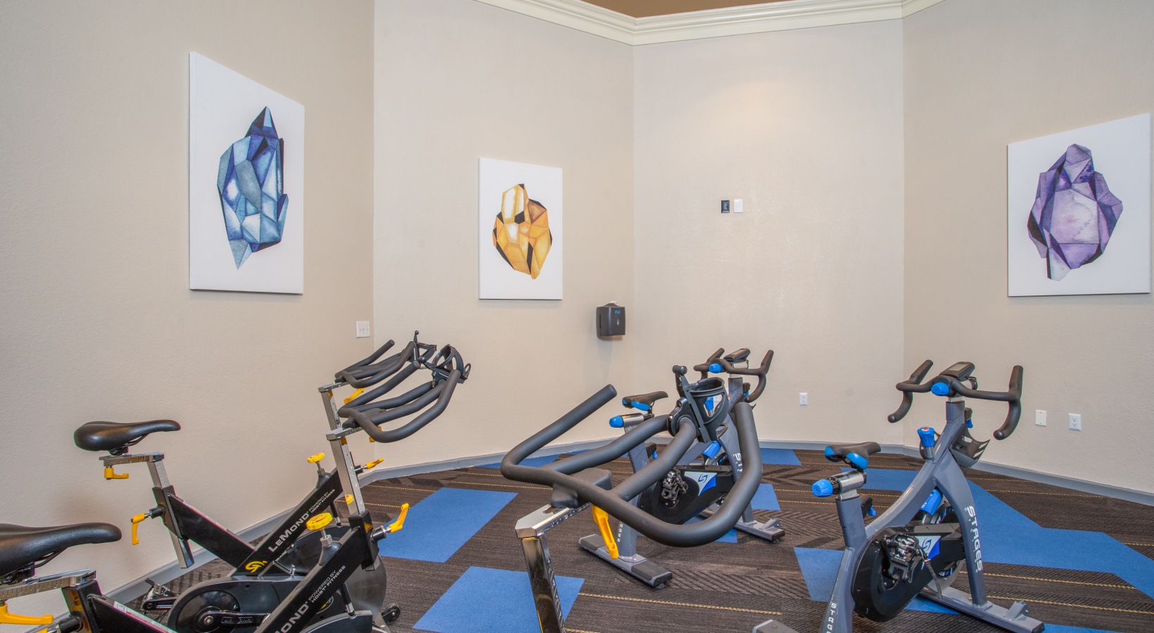 a room with exercise bikes and paintings on the wall at The The Brixton